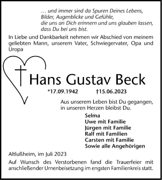 Traueranzeige von Hans Gustav Beck von Schwetzinger Zeitung