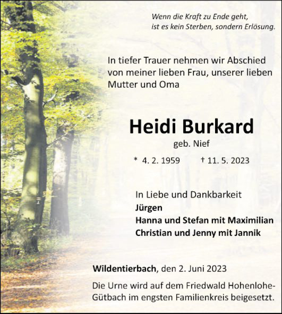  Traueranzeige für Heidi Burkhard vom 02.06.2023 aus Fränkische Nachrichten