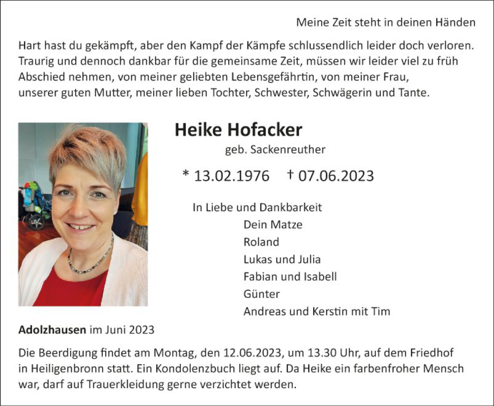  Traueranzeige für Heike Hofacker vom 10.06.2023 aus Fränkische Nachrichten