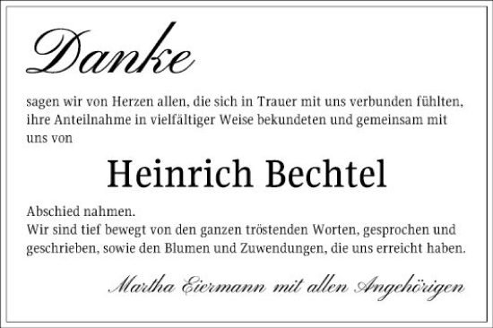 Traueranzeige von Heinrich Bechtel von Fränkische Nachrichten