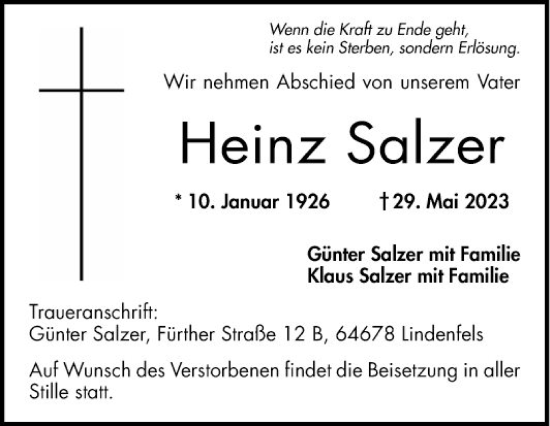Traueranzeige von Heinz Salzer von Bergsträßer Anzeiger