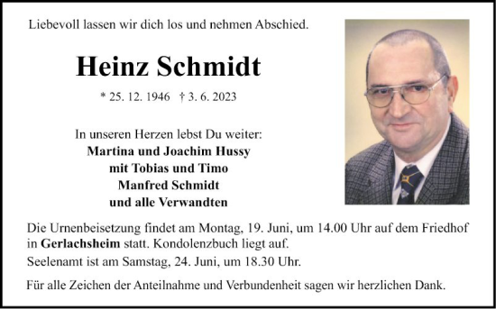 Traueranzeige von Heinz Schmidt von Fränkische Nachrichten