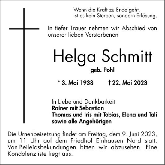 Traueranzeige von Helga Schmitt von Bergsträßer Anzeiger