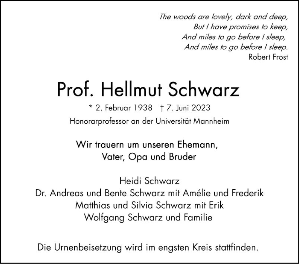  Traueranzeige für Hellmut Schwarz vom 17.06.2023 aus Mannheimer Morgen