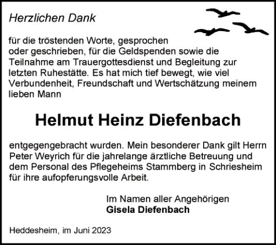 Traueranzeige von Helmut Heinz Diefenbach von Mannheimer Morgen