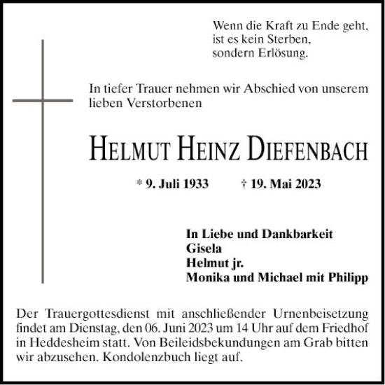 Traueranzeige von Helmut Heinz Diefenbach von Mannheimer Morgen