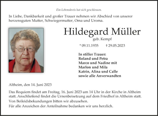 Traueranzeigen Von Hildegard Müller | Trauerportal Ihrer Tageszeitung