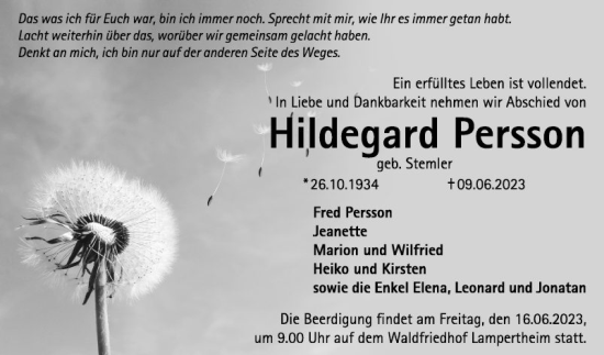 Traueranzeige von Hildegard Persson von Mannheimer Morgen