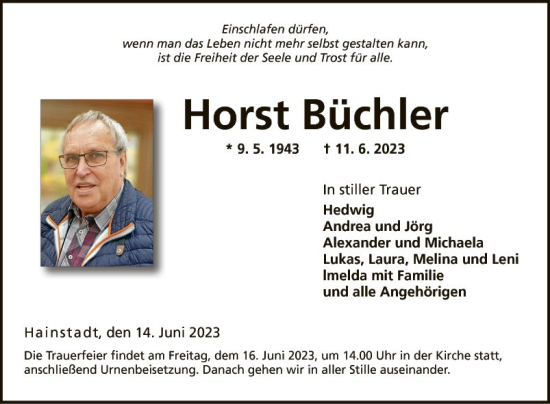 Traueranzeige von Horst Büchler von Fränkische Nachrichten