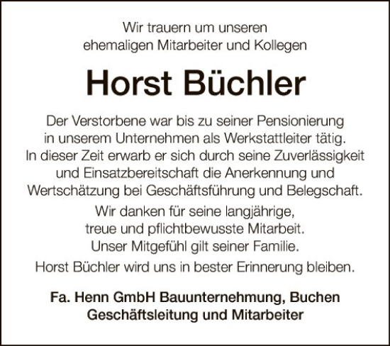 Traueranzeige von Horst Büchler von Fränkische Nachrichten