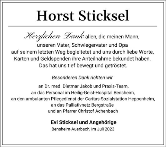 Traueranzeige von Horst Sticksel von Bergsträßer Anzeiger