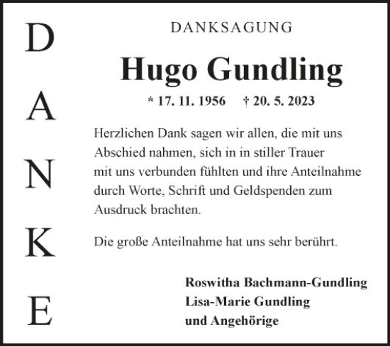 Traueranzeige von Hugo Gundling von Fränkische Nachrichten