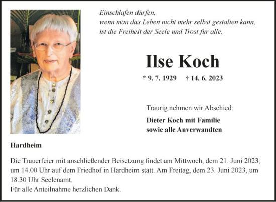 Traueranzeige von Ilse Koch von Fränkische Nachrichten