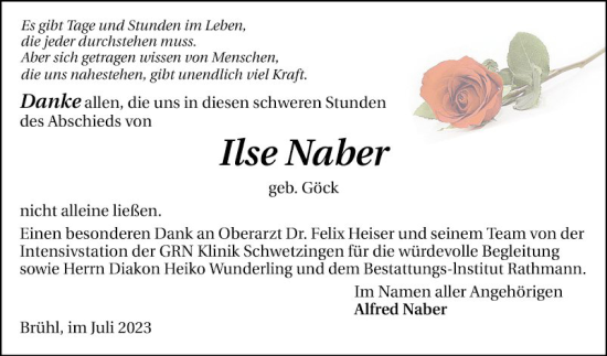 Traueranzeige von Ilse Naber von Schwetzinger Zeitung