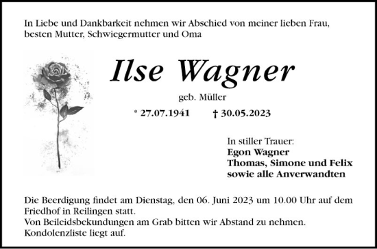 Traueranzeige von Ilse Wagner von Schwetzinger Zeitung