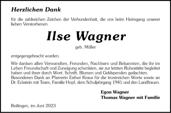 Traueranzeige von Ilse Wagner von Schwetzinger Zeitung