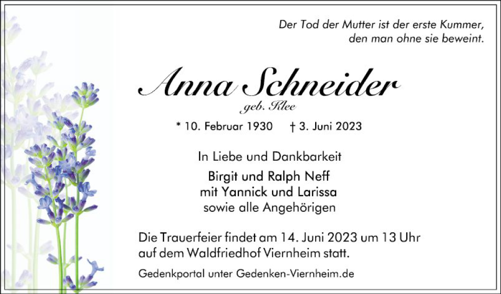  Traueranzeige für Ina Schneider vom 10.06.2023 aus Schwetzinger Zeitung