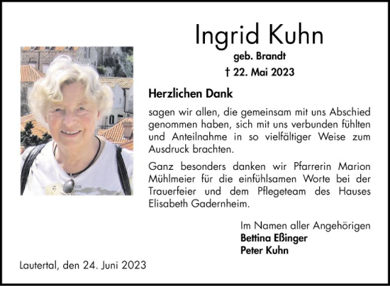 Traueranzeige von Ingrid Kuhn von Bergsträßer Anzeiger