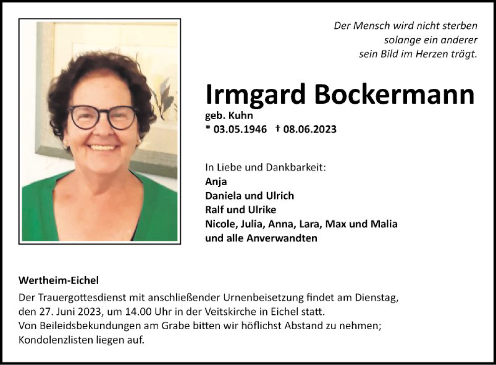  Traueranzeige für Irmgard Bockermann vom 20.06.2023 aus Fränkische Nachrichten