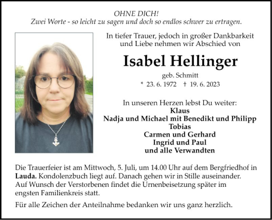 Traueranzeige von Isabel Hellinger von Fränkische Nachrichten