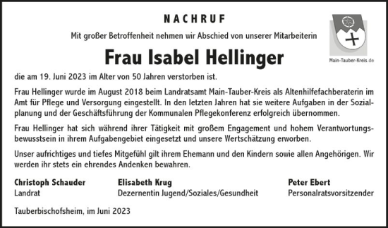 Traueranzeige von Isabel Hellinger von Fränkische Nachrichten