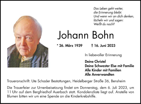 Traueranzeige von Johann Bohn von Bergsträßer Anzeiger