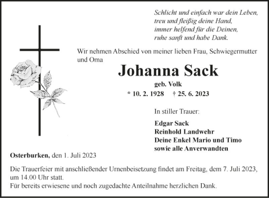 Traueranzeige von Johanna Sack von Fränkische Nachrichten