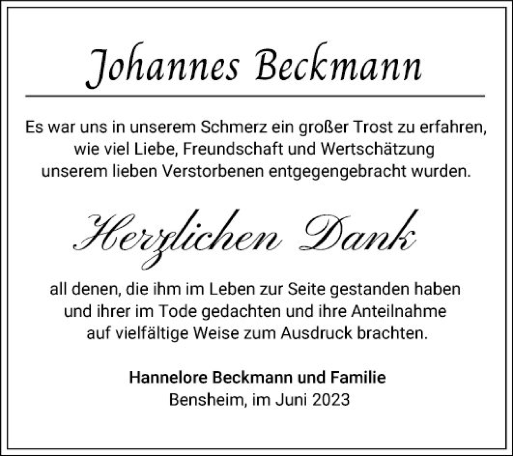  Traueranzeige für Johannes Beckmann vom 10.06.2023 aus Bergsträßer Anzeiger