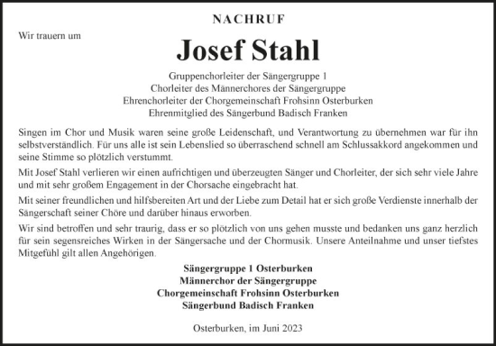 Traueranzeige von Josef Stahl von Fränkische Nachrichten