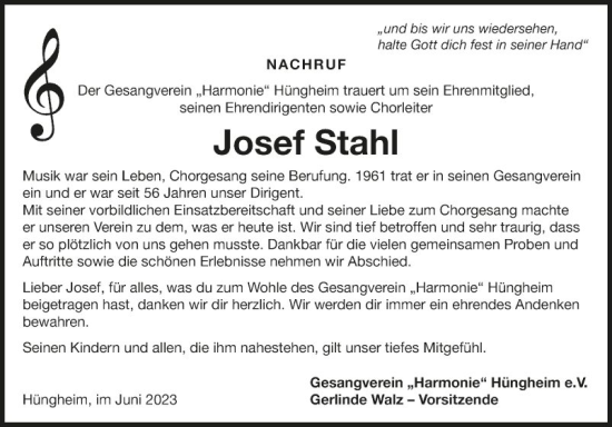 Traueranzeige von Josef Stahl von Fränkische Nachrichten