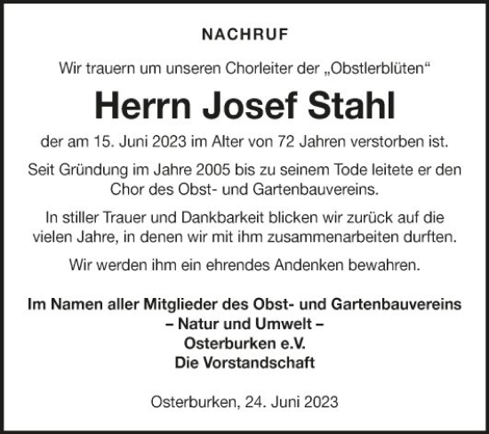 Traueranzeige von Josef Stahl von Fränkische Nachrichten