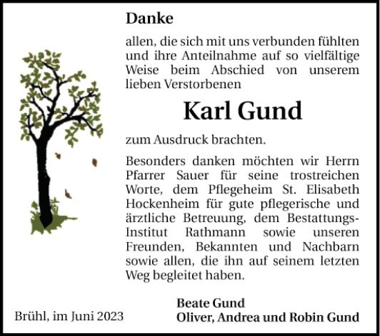 Traueranzeige von Karl Gund von Schwetzinger Zeitung