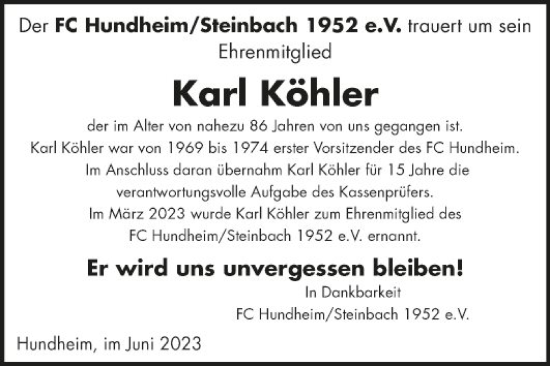 Traueranzeige von Karl Köhler von Fränkische Nachrichten