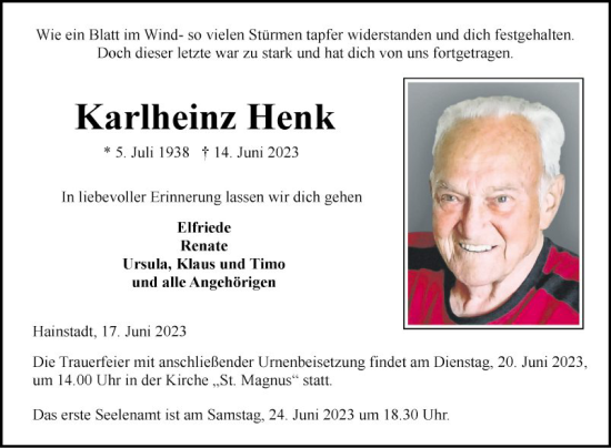 Traueranzeige von Karlheinz Henk von Fränkische Nachrichten