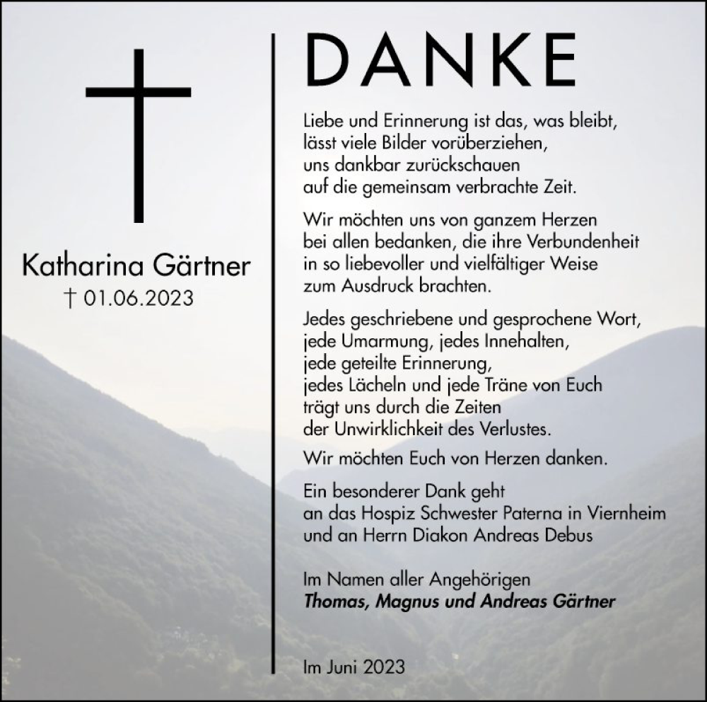  Traueranzeige für Katharina Gärtner vom 24.06.2023 aus Bergsträßer Anzeiger