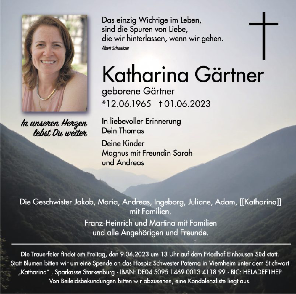  Traueranzeige für Katharina Gärtner vom 06.06.2023 aus Bergsträßer Anzeiger