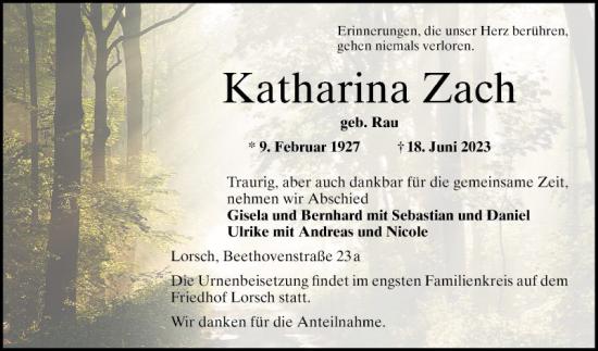 Traueranzeige von Katharina Zach von Bergsträßer Anzeiger