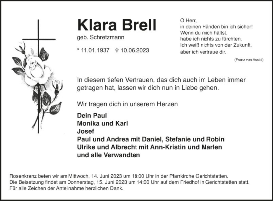 Traueranzeige von Klara Brell von Fränkische Nachrichten