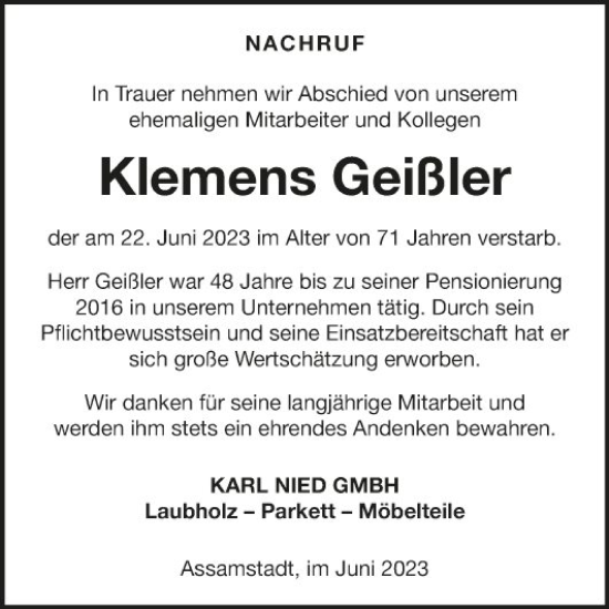 Traueranzeige von Klemens Geißler von Fränkische Nachrichten