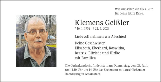 Traueranzeige von Klemens Geißler von Fränkische Nachrichten