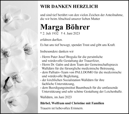 Traueranzeige von Marga Böhrer von Fränkische Nachrichten