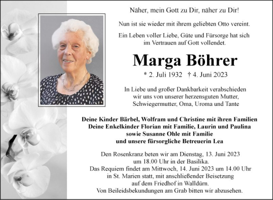 Traueranzeige von Marga Böhrer von Fränkische Nachrichten