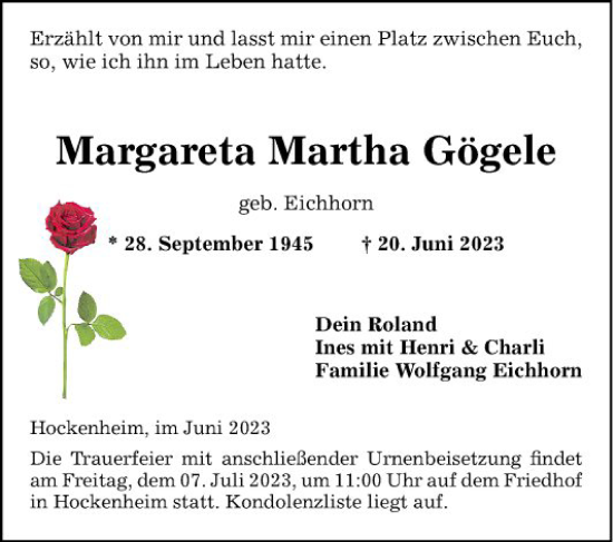 Traueranzeige von Margareta Martha Gögele von Schwetzinger Zeitung