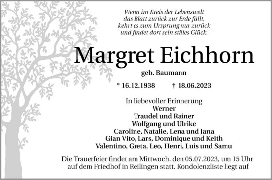 Traueranzeige von Margret Eichhorn von Schwetzinger Zeitung