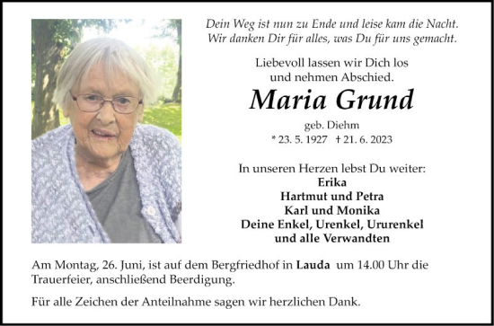 Traueranzeige von Maria Grund von Fränkische Nachrichten