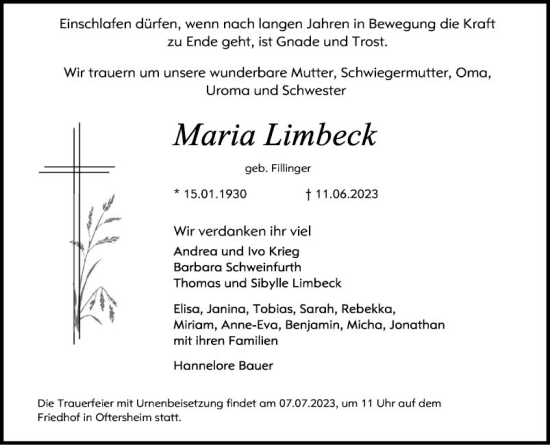 Traueranzeige von Maria Limbeck von Schwetzinger Zeitung