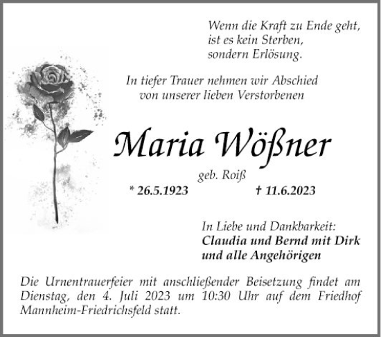 Traueranzeigen von Maria Wößner | Trauerportal Ihrer Tageszeitung