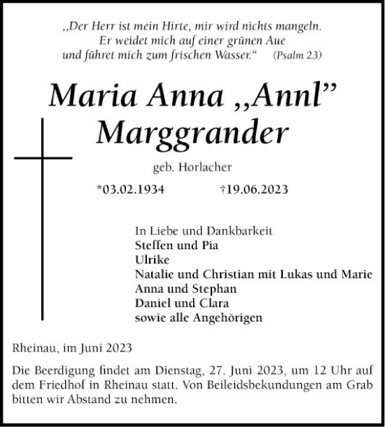 Traueranzeige von Maria Anna Marggrander von Mannheimer Morgen