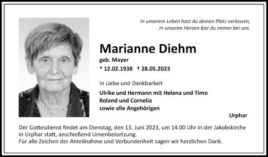 Traueranzeige von Marianne Diehm von Fränkische Nachrichten