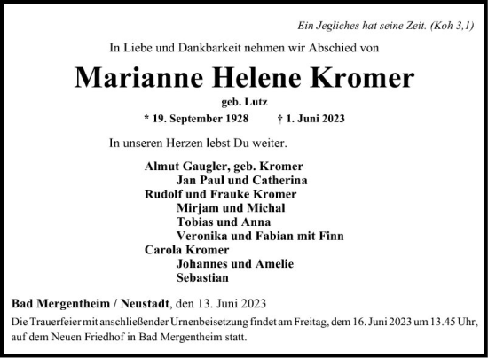 Traueranzeige von Marianne Helene Kromer von Fränkische Nachrichten